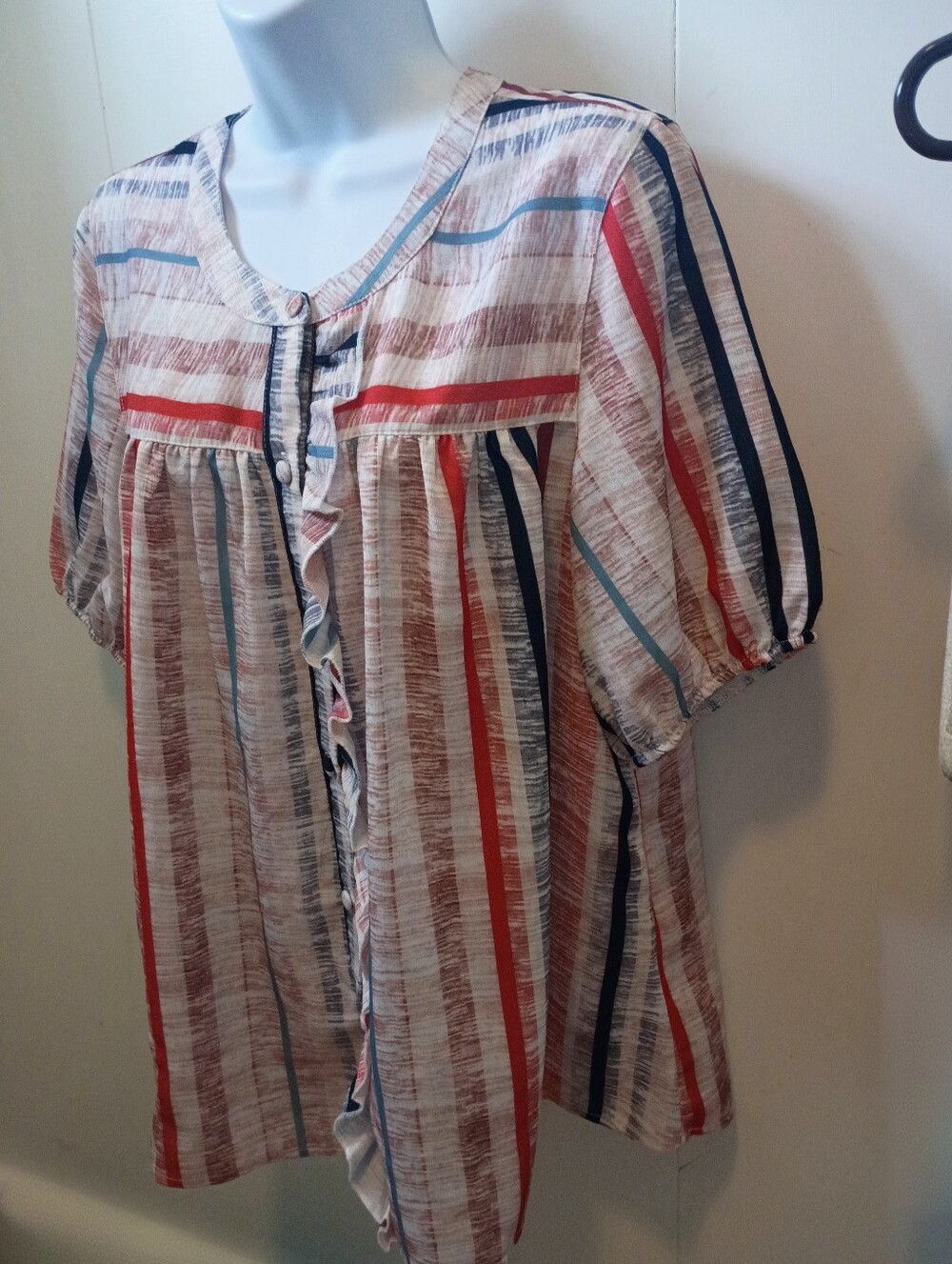 Posh Boutique Striped Button Front Smock Style Top; Red, Navy Blue, Rust & Cream - Picture 5 of 13